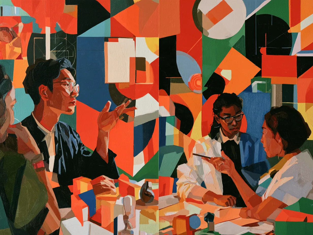 Painting of tutors discussing business around a table against a colourful geometric background