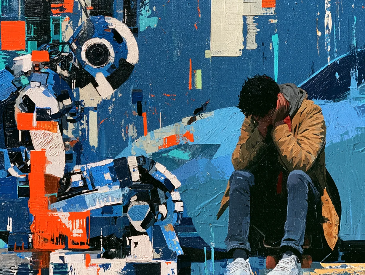 Abstract painting of self-driving technology replacing a human driver
