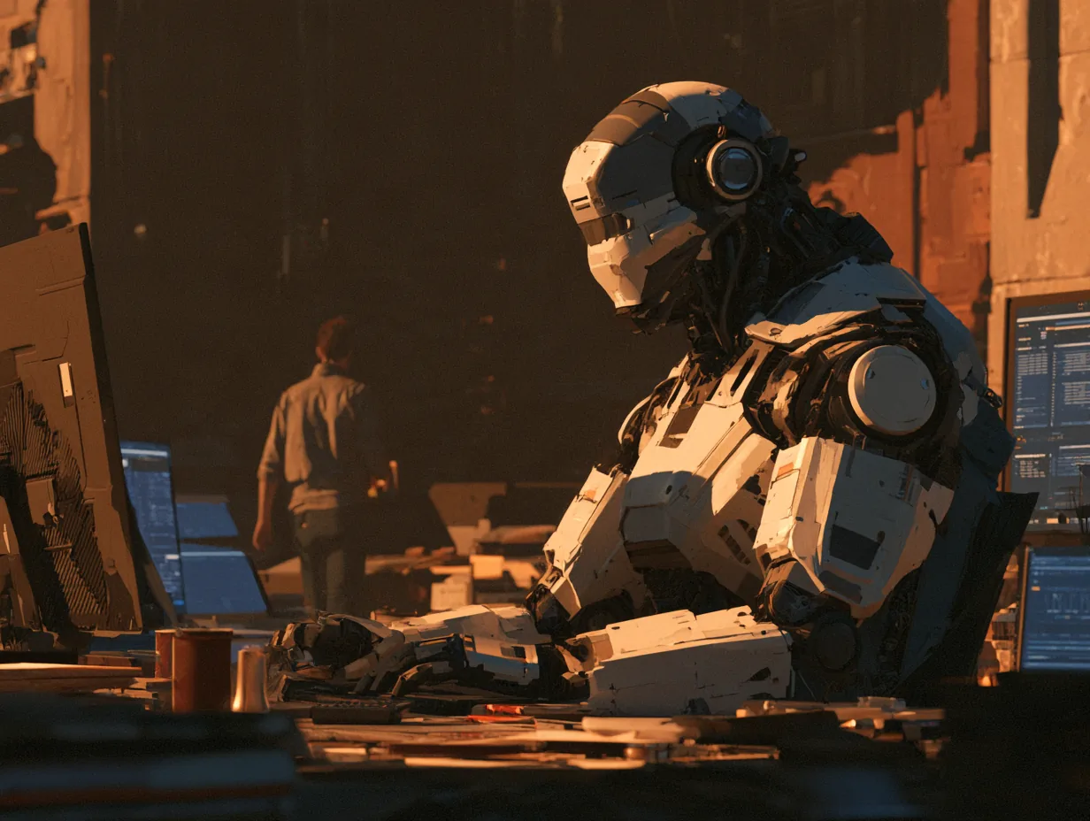 Painting of a robot working at a computer as a person walks away