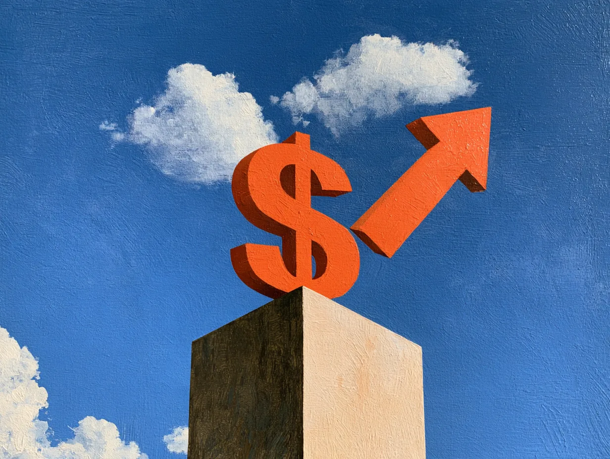 Painting of an orange dollar sign and rising arrow against a blue sky