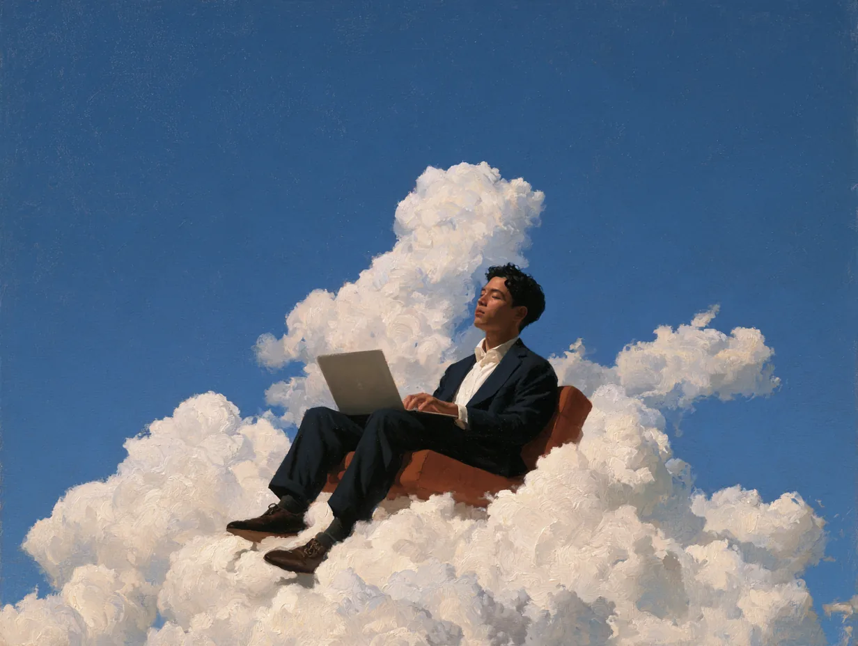 Painting of an Asian businessman working peacefully on the clouds