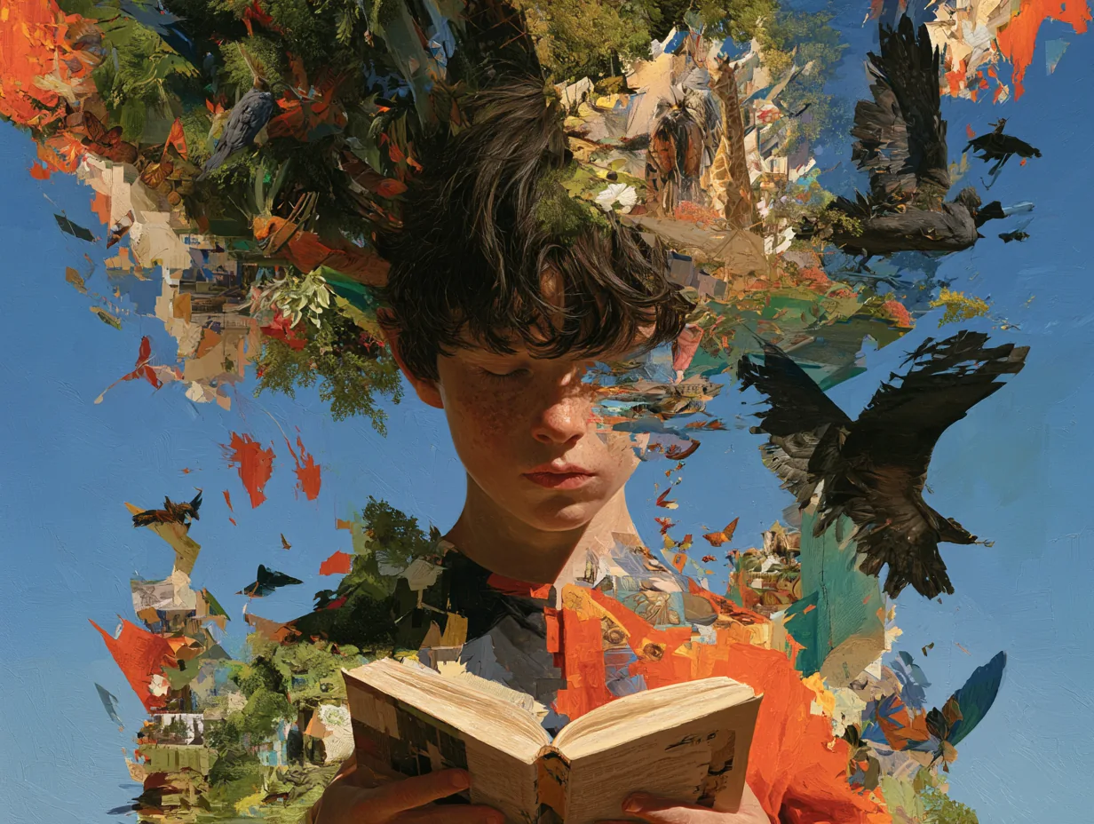 Abstract painting of a child reading surrounded by an imaginative world