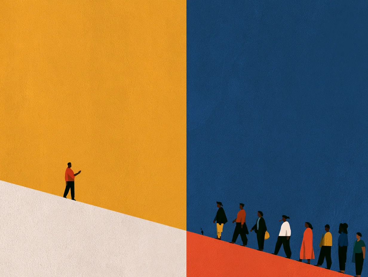 Abstract illustration of one person pursuing a goal apart from a group