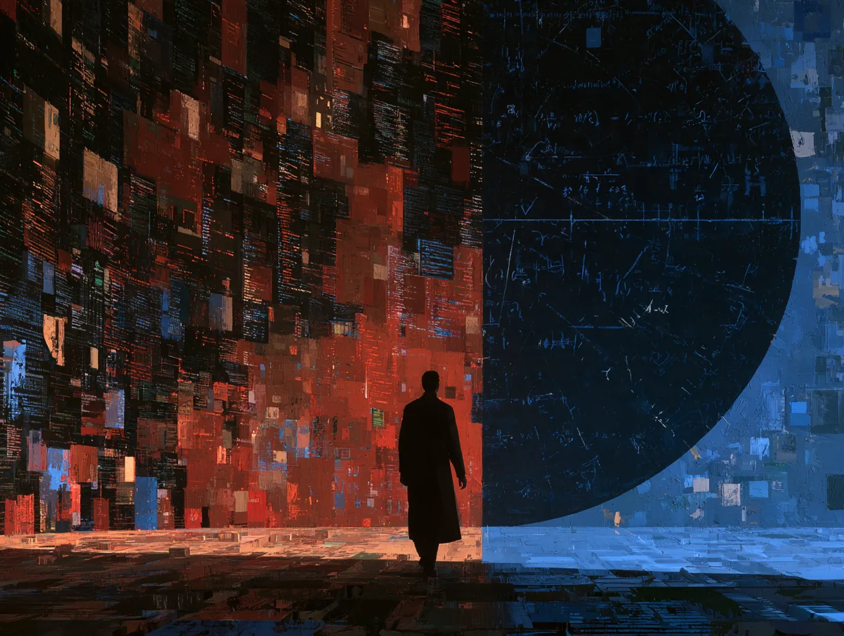 Painting of a person moving from a world of code toward mathematics